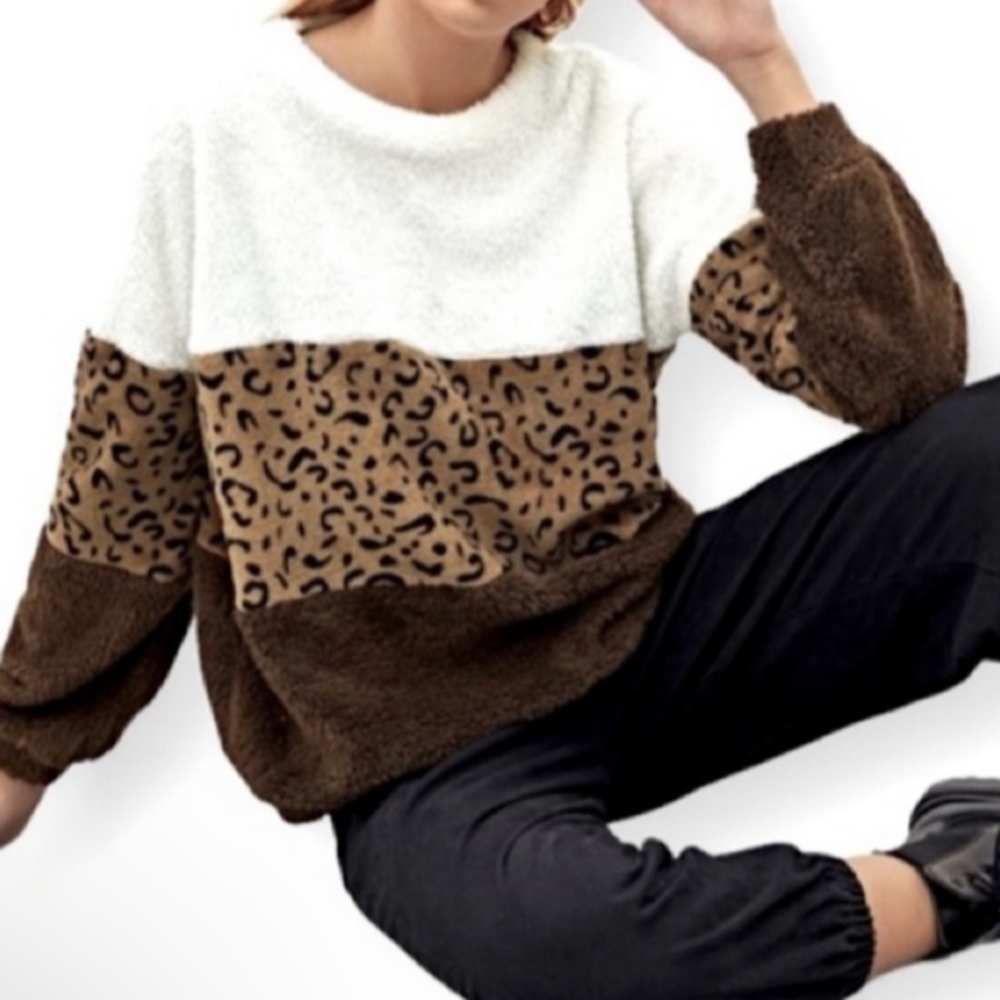Teddy Color Block Leopard Print Sweater Top